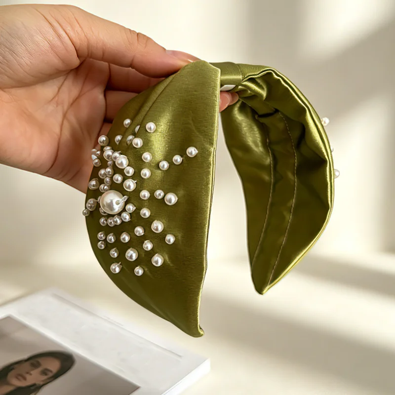 Hand Sewn Pearl Avocado Green Headband for Women 8.5cm Wide Edge Hairbands Hair Hoop Pressed Hair Hair Accessories Headwear