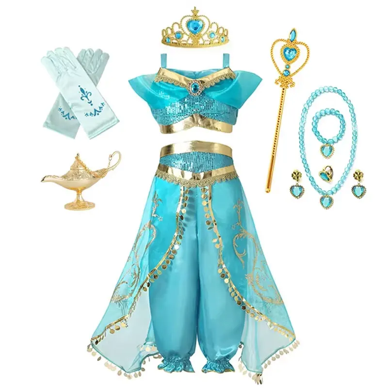 Jasmine Princess Dress Girls Birthday Party Carnival Cosplay Aladdin Magic Lamp Costume Kids Vestidos Set Outfits Clothes