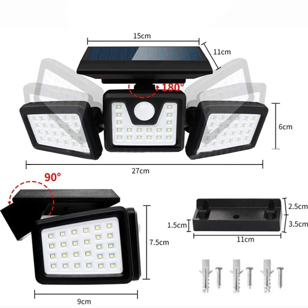 2000LM 74LED พลังงานแสงอาทิตย์กลางแจ้ง Motion Sensor การเหนี่ยวนําของมนุษย์ปรับหัว IP65 กันน้ําโคมไฟติดผนังพลังงานแสงอาทิตย์โคมไฟพลังงานแสงอาทิตย์