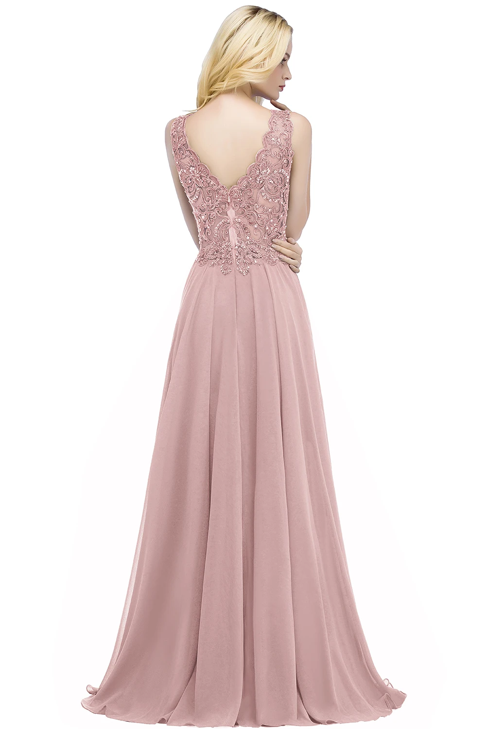 BABYONLINE Pink Prom Dress V Neckling Lace Appqulies Crystal Stones Beads A Line Skirt Chiffon Evening Party Bridesmaid Gown