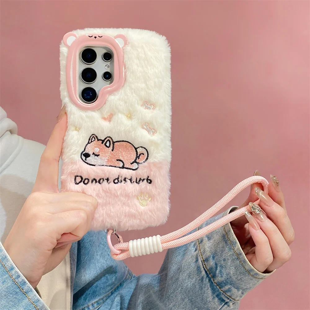 Cute Embroidered Corgi Dog Fluffy Plush Phone Case for S26 Ultra Wrist Strap Protective Cover for Samsung Galaxy S25 S24 A57