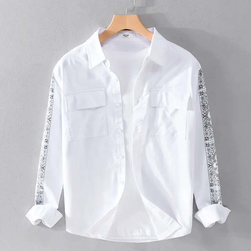 Japanese Style Man Shirts Spring Street Casual Long Sleeve Black Shirt Pockets Pure Cotton Oxford Printed Shirt Youth Trend Tops