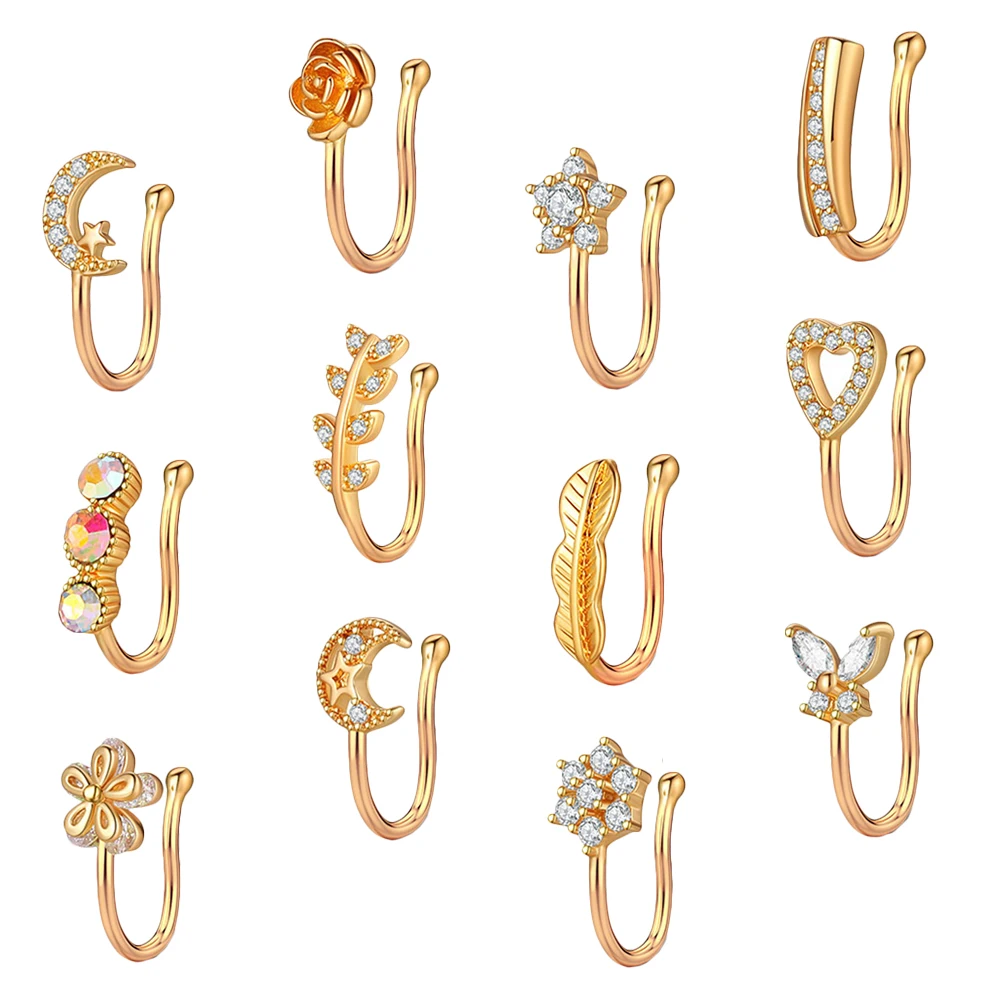 

12 Pcs Zircon Nose Clip Non Piercing Fake Rings for Women Girls Comfortable Body Jewelry Accessories Fashion Party Decorations