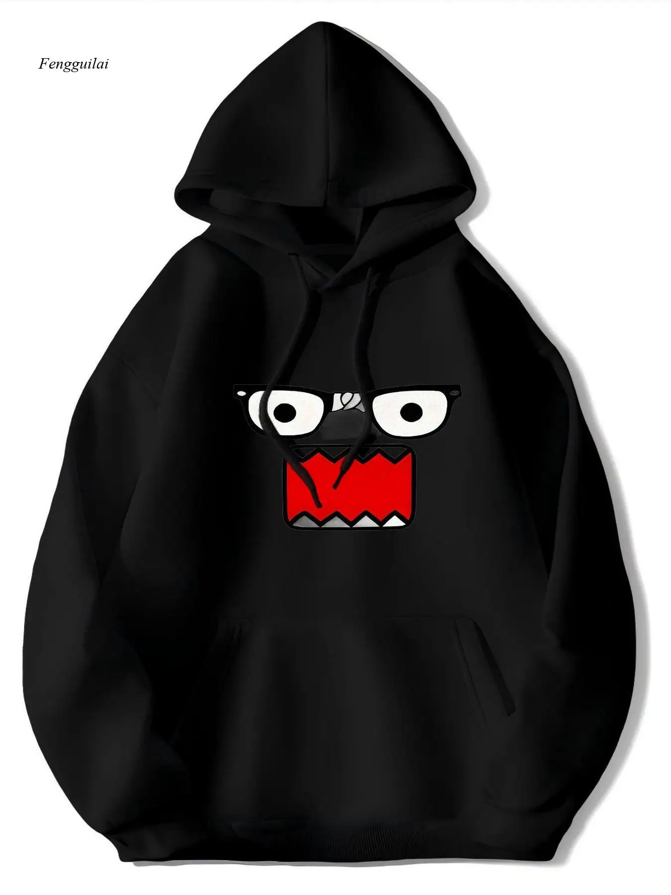 Grappige boos gezicht hoodie - zwart met rode ogen en scherpe tanden grafische print, zachte rekbare stof
