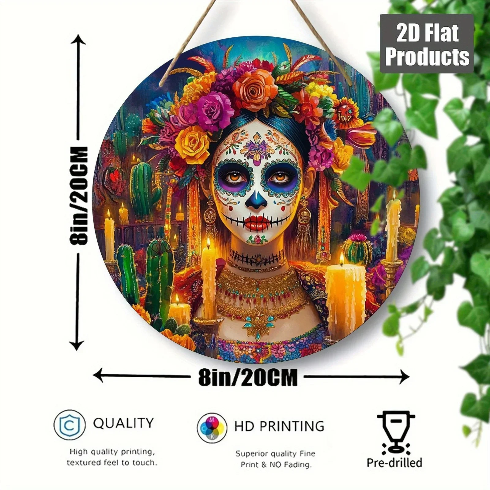 2D Plane - [Open] 2D Plane, 1 deceased candy skull and floral circular wooden wall decoration