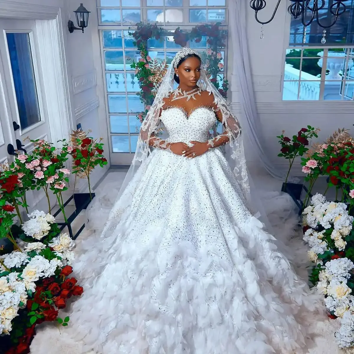 

Luxurious Shiny Handmade Crystal Bead Feather African Women's Sexy High Neck Transparent Long Sleeved Bridal Gown Customized