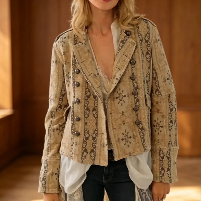 Jacquard Texture Cropped Jacket Floral Pattern Double Breasted Napoleon Coat 2026 New Evening Party Date Elegant Women Outwear