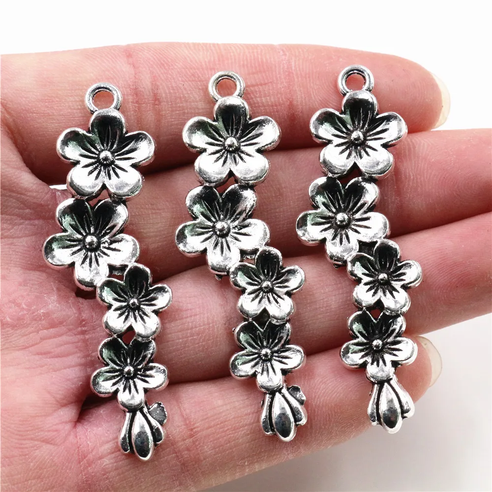 56x15mm 5pcs Antique Silver Plated Flower Style Handmade Charms Pendant:DIY for bracelet necklace-P4-17