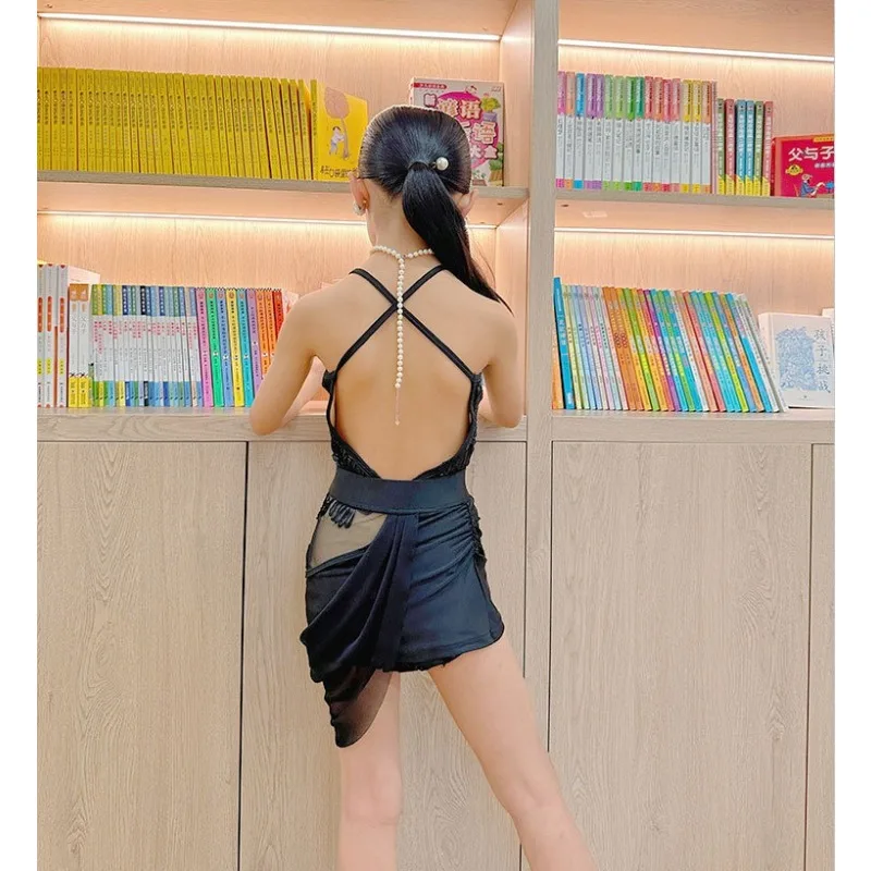 Customized Latin Dance Suit Practice Dress Girls' Professional Competition Performance Dress Black Printed Sling Set
