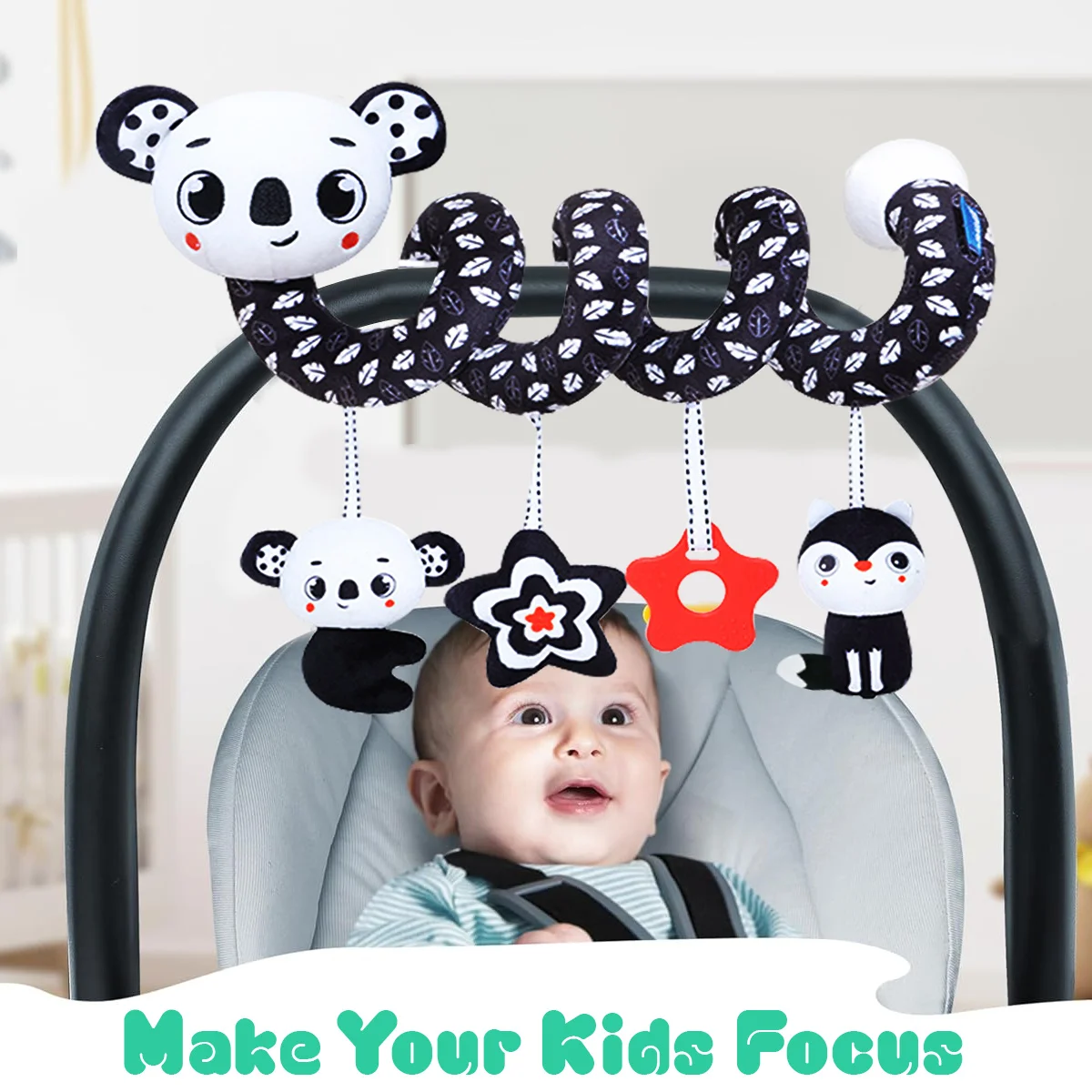 Spirale Plüschtiere, schwarz-weißes Kinderwagen-Autositzspielzeug, hängendes Rasselspielzeug für Kinderbett-Mobile, bestes Geschenk für Neugeborene