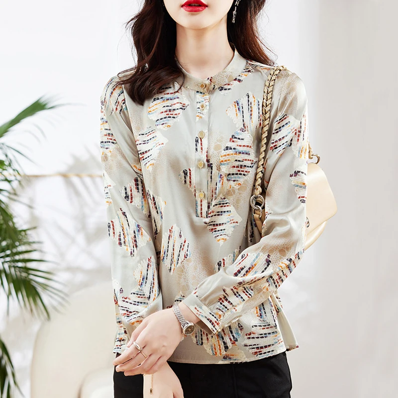 

New Real Silk Women's Print Shirt 2026 Spring Elegant Shirts Fashion Blouses for Women Long Sleeve Tops Loose Vintage Blouse