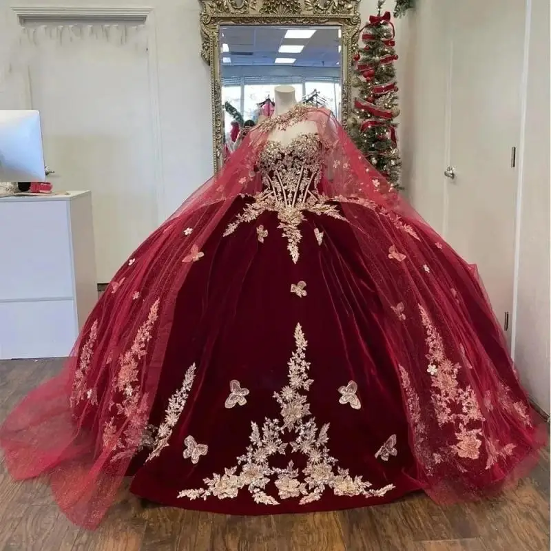 

Customized Burgundy Satin Quinceanera Dresses With Tulle Cape Vestidos De 15 Anos Applique Gold Lace Butterfly Birthday Party