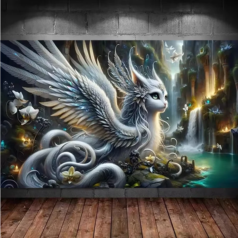 DIY 5D Diamond Painting Kits Stunning Fantasy Forest Angel White Cat For Adults Beginners, Diamond Art Full Round Diamond Drill