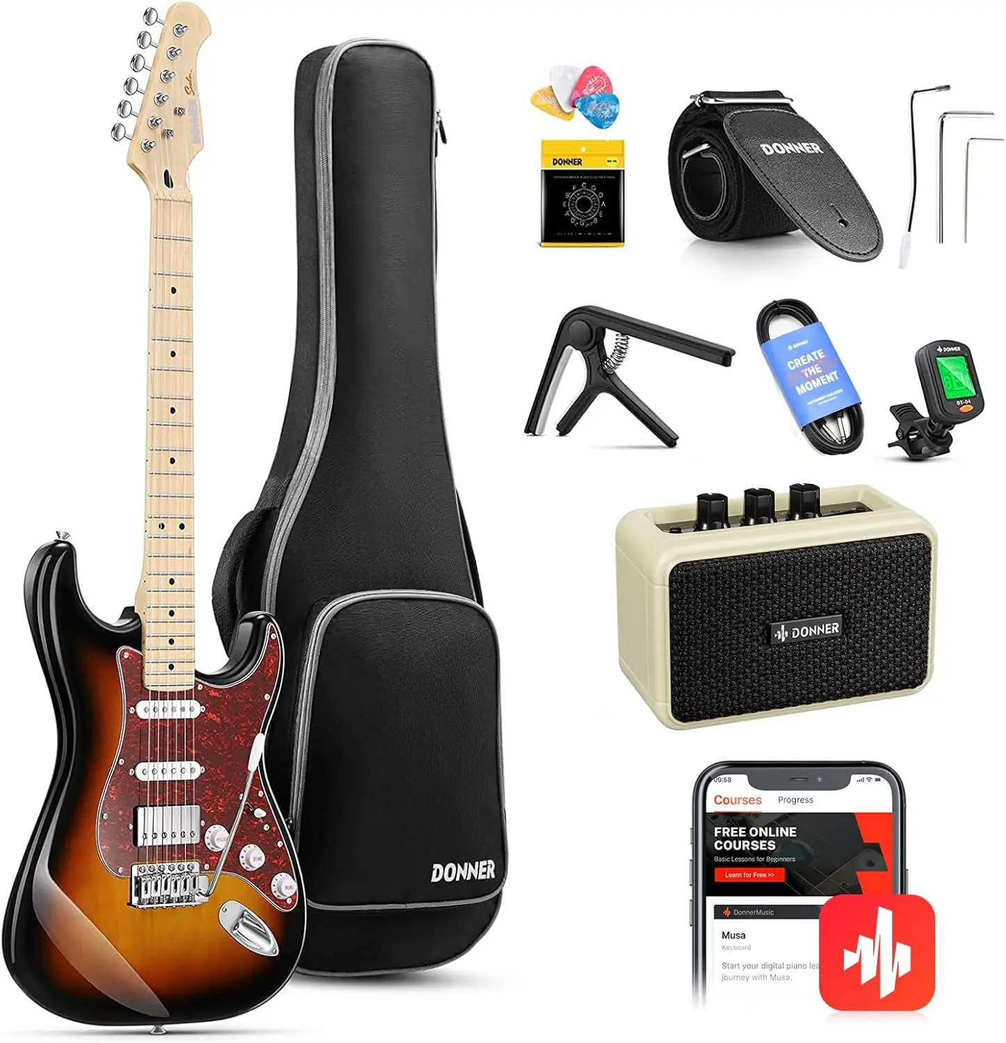 Beginner Electric Guitar Kit with Amplifier and HSS Coil-Split Pickups