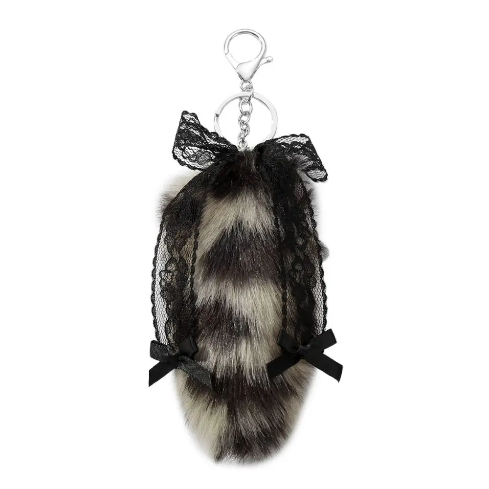Cute Y2K Style Fluffy Tail Keychain Leopard Print Lace Bow Bag Charm DIY Soft Keychain Pendant Backpack Decoration