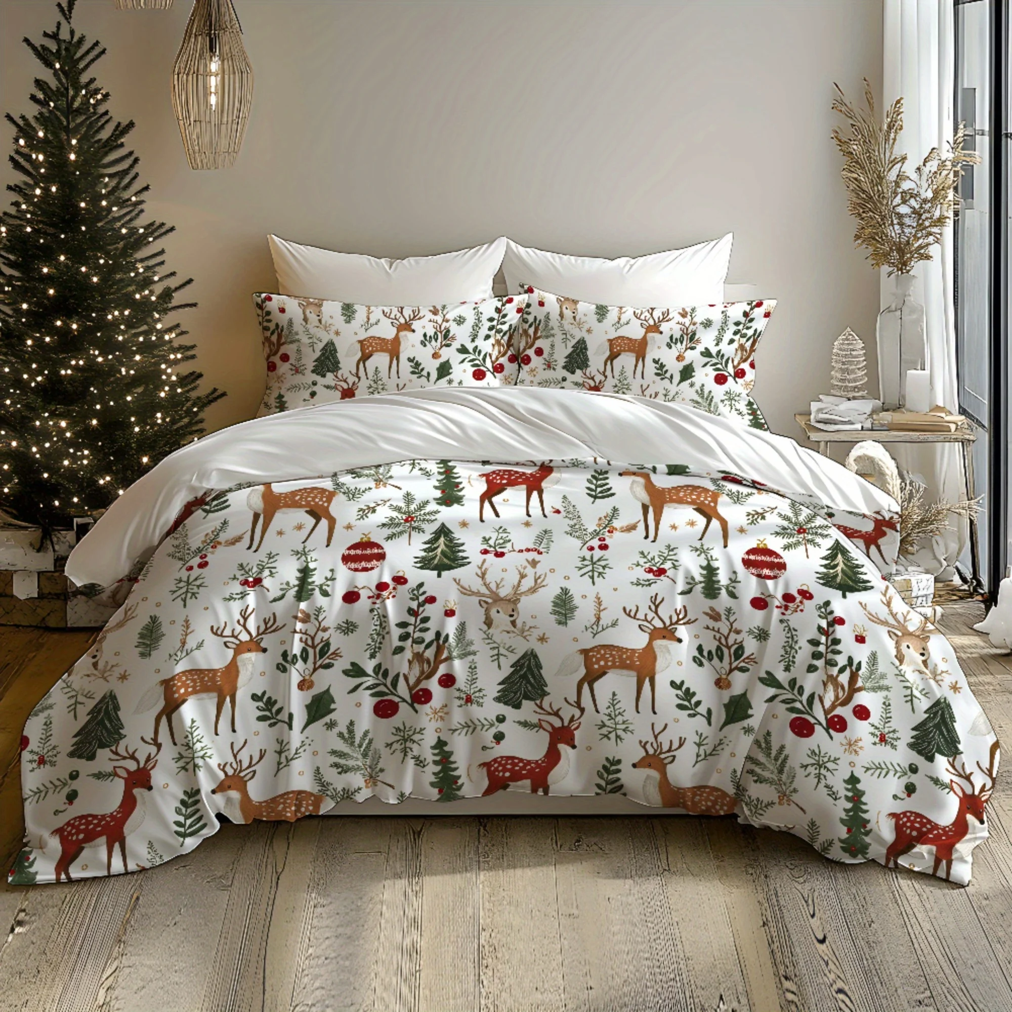 3D Festive Christmas Tree Deer Print Duvet Cover Set Soft Digital Print Multiple Pieces Seasonal Bedroom Decor Machine Washablor