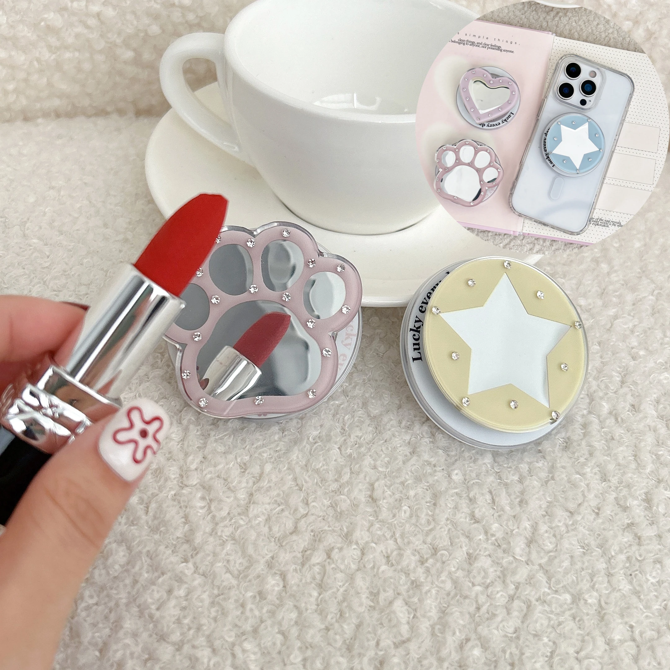 

Makeup Touch-Up Mirror Phone Stand For iPhone 17 16 Diamond Mirror Phone Stand Ideal for Photos and Touch-Ups Phone Holder