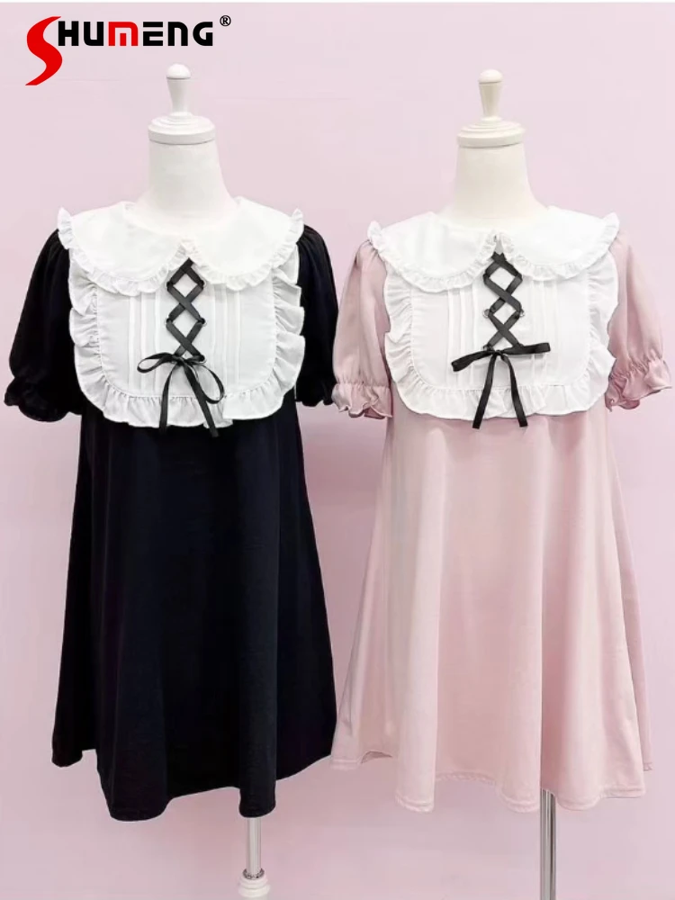 

Japanese Mine Style Ruffled Doll Collar Cross Lace-up Bow Puff Short Sleeve High Waist A-line Loose Sweet Lolita Dress Women