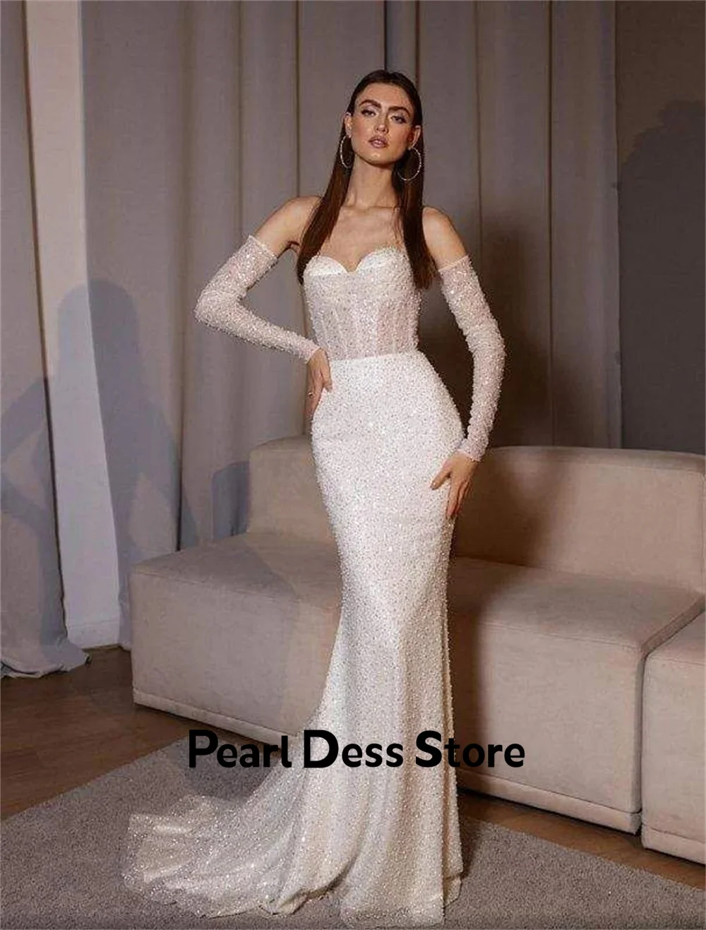 Pearl Fish Tail Evening Gown Shiny Off the Shoulders Elegant Party Dresses 2024 for Wedding Guest Dress Women Ivory White Prom