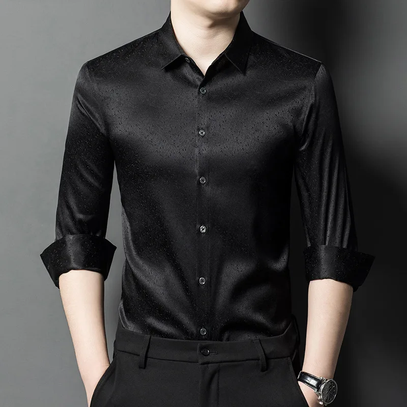 Men Spring Long-sleeved Mulberry Silk Shirt Silk Shirt Casual Business Silk Men Top