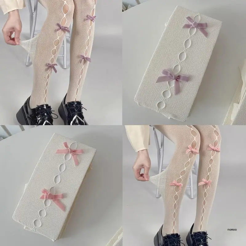 Meia-calça branca sexy para mulheres, buracos ocos, malha pura, harajuku japonês, cor de creme doce, bowknot