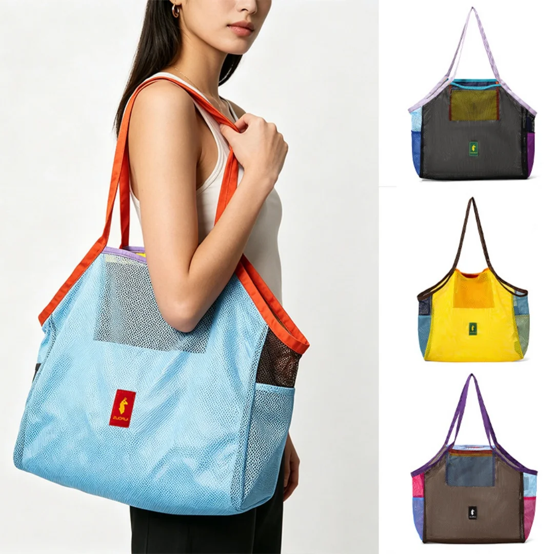Color Block Mesh Tote Bag with Multiple Pockets Large Capacity BreathableSingleShoulder Beach Shopping Outdoor Commuting Handbag