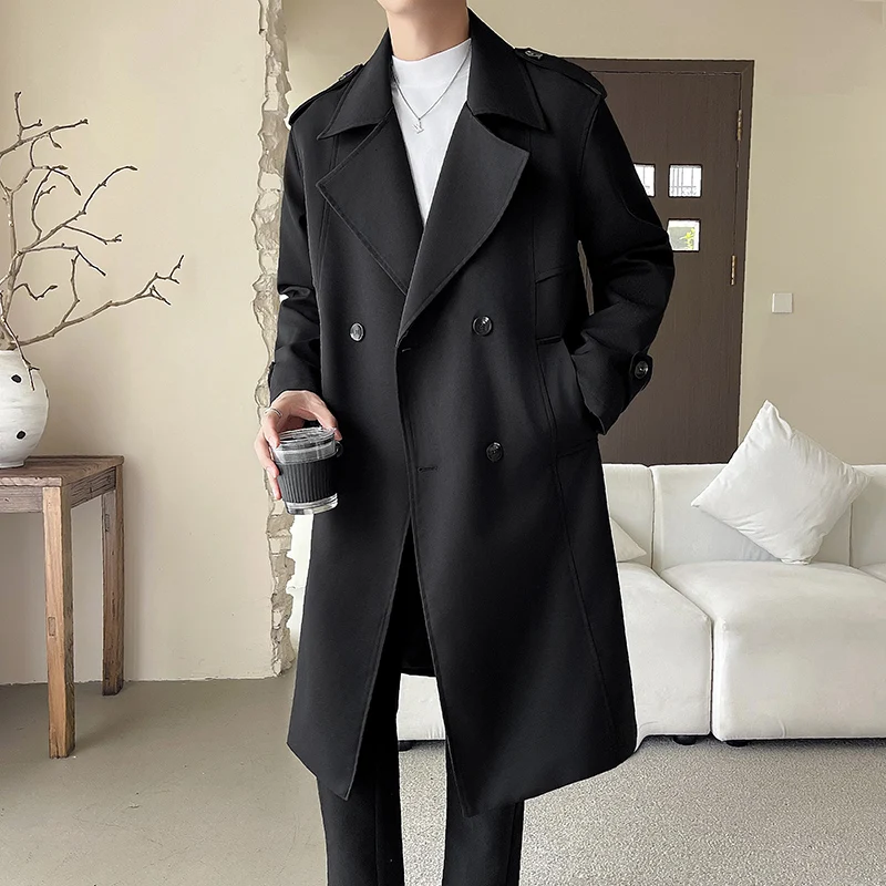 Men Solid Casual Korean Coat Male Autumn New Trench Pocket Decor Streetwear Windbreaker Trenchcoat Men Loose Office Overcoat