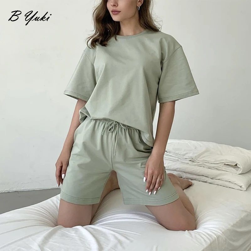 Blessyuki Summer 100% Cotton Sets Women 2023 New Casual Loose Two Pieces Short Sleeve T Shirts and High Waist Short Pants Suits