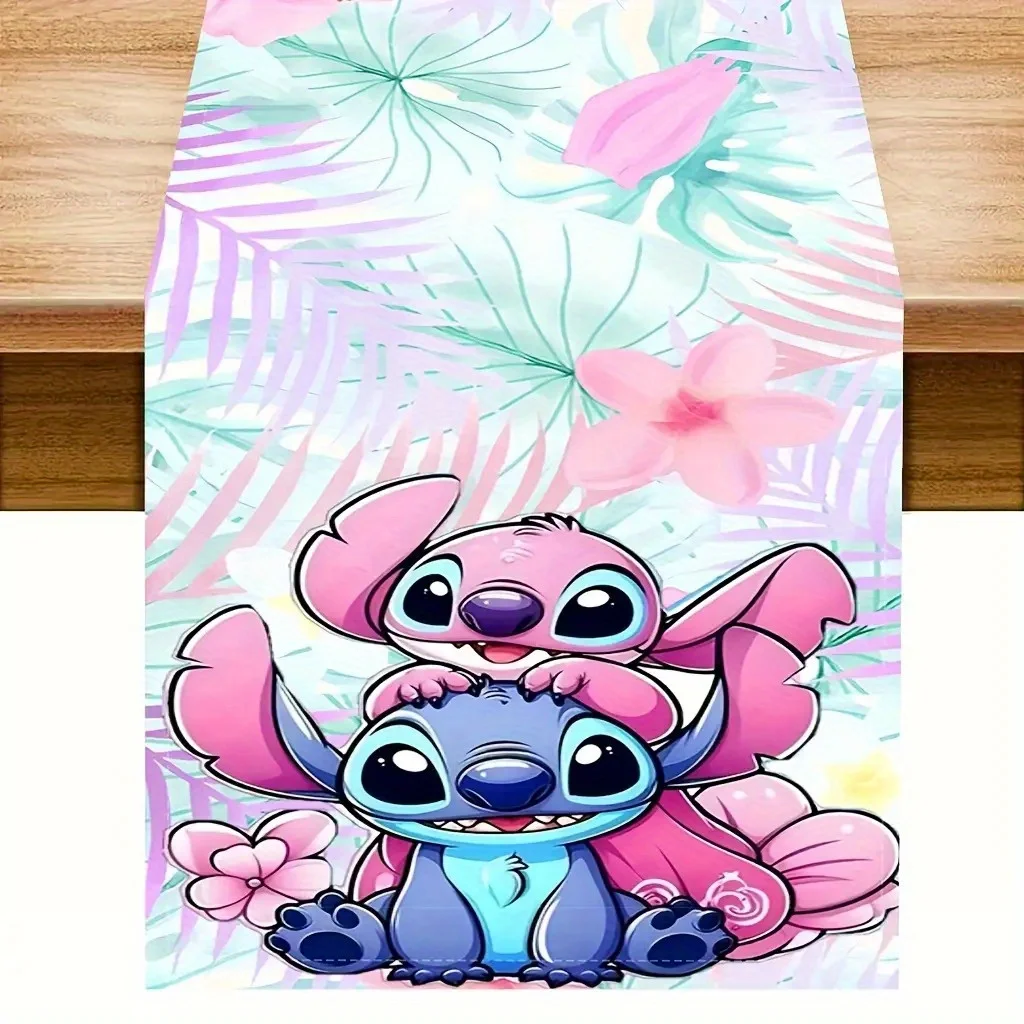 

1 Piece Disney Stitch Table Runner with Tropical Floral and Character Design, Washable Table Flag, Suitable for Family Gatherings, Home Decoration, Birthday Party Decoration