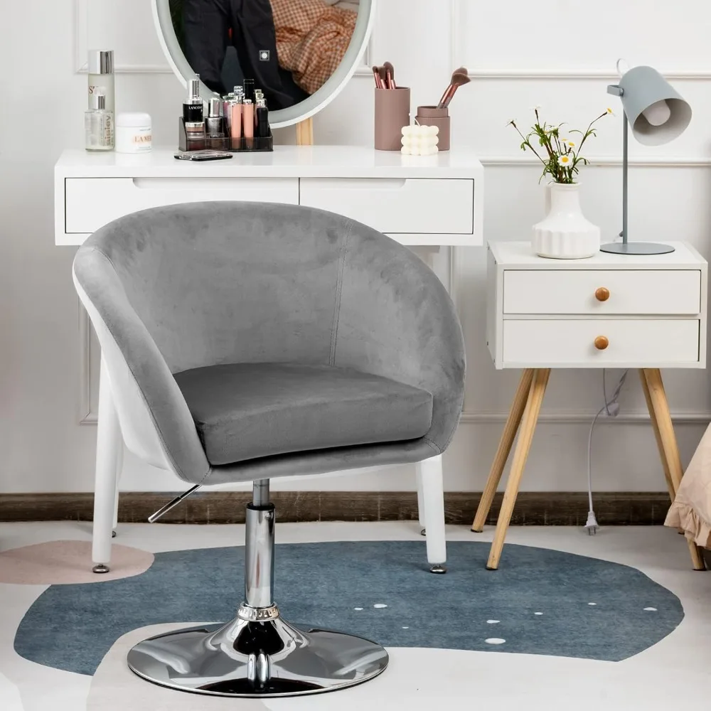 Vanity Chair, Height Adjustable Modern Velvet Makeup Chair with Chrome Frame, Round-Back Comfortable Swivel Accent Leisure Chair