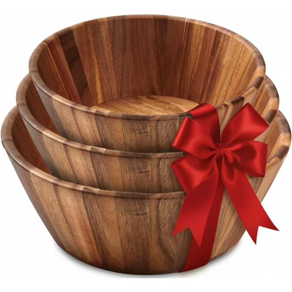 

Handmade Wooden Salad Bowl Set of 3, Round Design Large Serving Bowls, Durable Natural Wood Dining Accessory