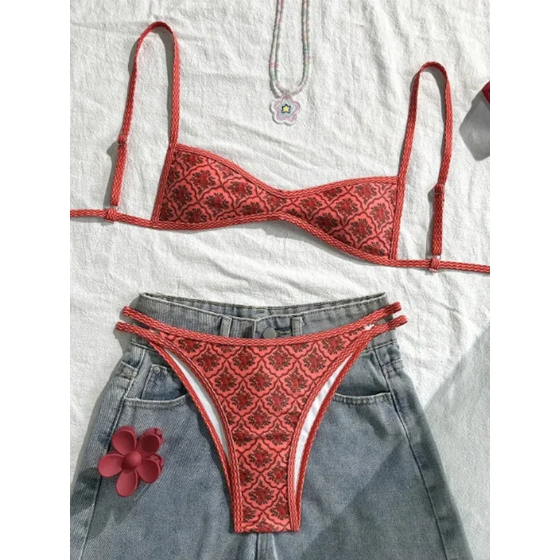 

S - XL Flowers Printed High Leg Cut Bikini Female Swimsuit Women Swimwear Two-pieces Bikini set Bather Bathing Suit Swim