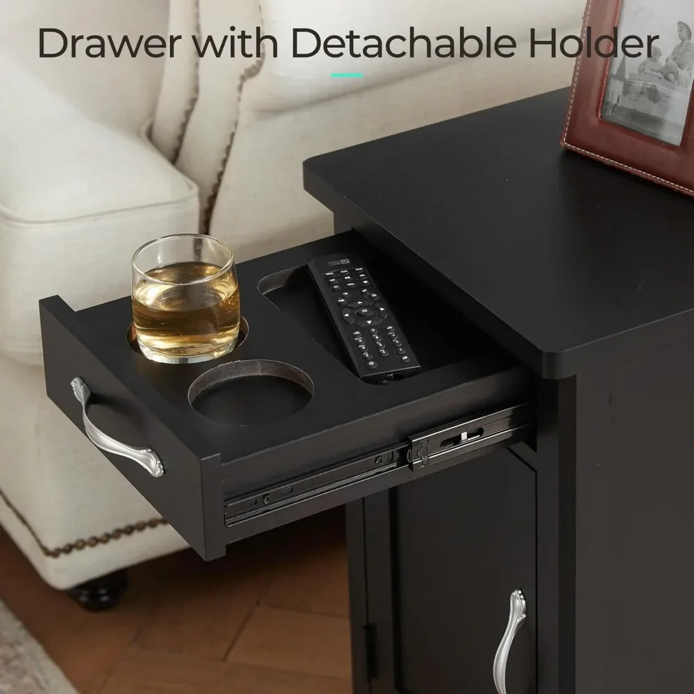 Farmhouse End Table with Charging Station, Narrow Side Table for Living Room, Sofa Side Table with Drawer and Storage Cabinet