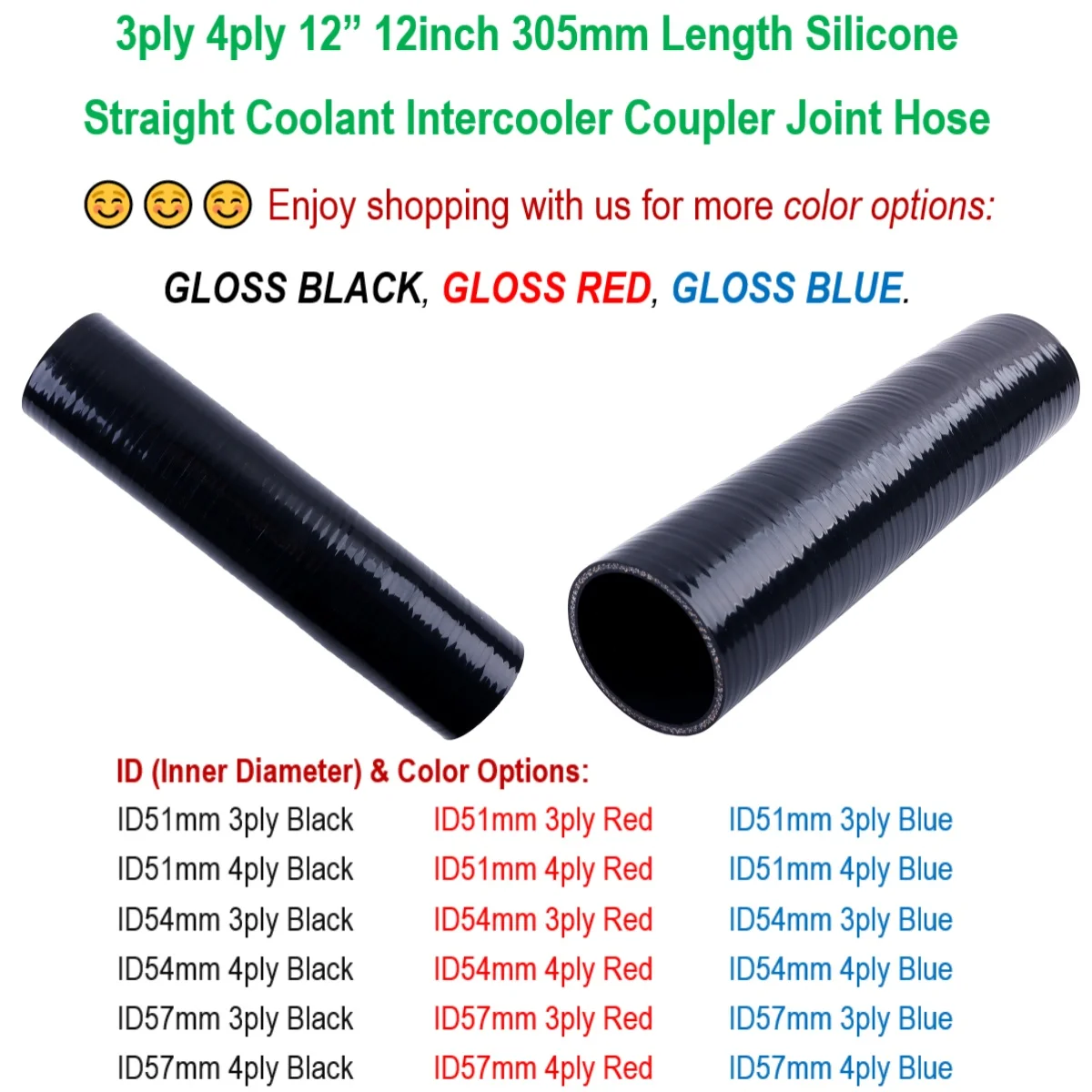 3ply or 4ply 12” 12inch 305mm Length Straight Coolant Intercooler Intake Coupler Joint Silicone Hose Pipe Tube ID 51mm 54mm 57mm