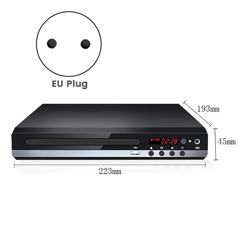 DVD Player 1080P HD Home DVD Player Box For TV All Region Free DVD CD-Disk Player AV-Output EVD Player--EU Plug Durable Black