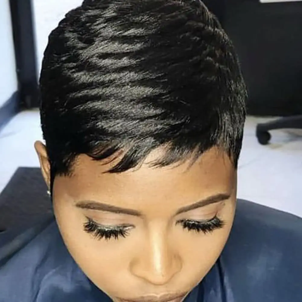 前髪付きショート人毛ウィッグ ピクシーカット ショート ストレート ブラック ウィッグ フルマシンメイドウィッグ