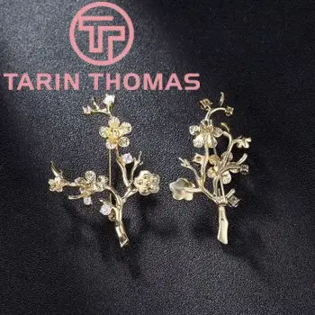 (3419)2PCS 30x33MM 24K Gold Color Plated Brass with Zircon Tree Brooch High Quality DIY Jewelry Making Findings Accessories