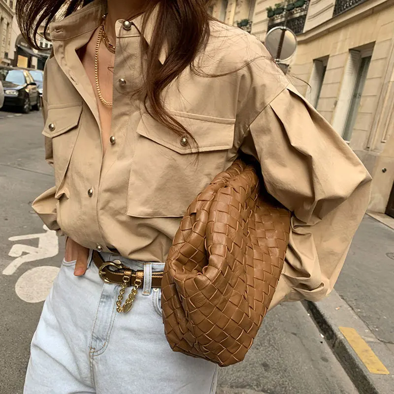 2023 Pockets Streetwear Loose Female Shirt New Spring Autumn Vintage Turn-down Collar Blouse Lantern Sleeve Tops Blouses12623