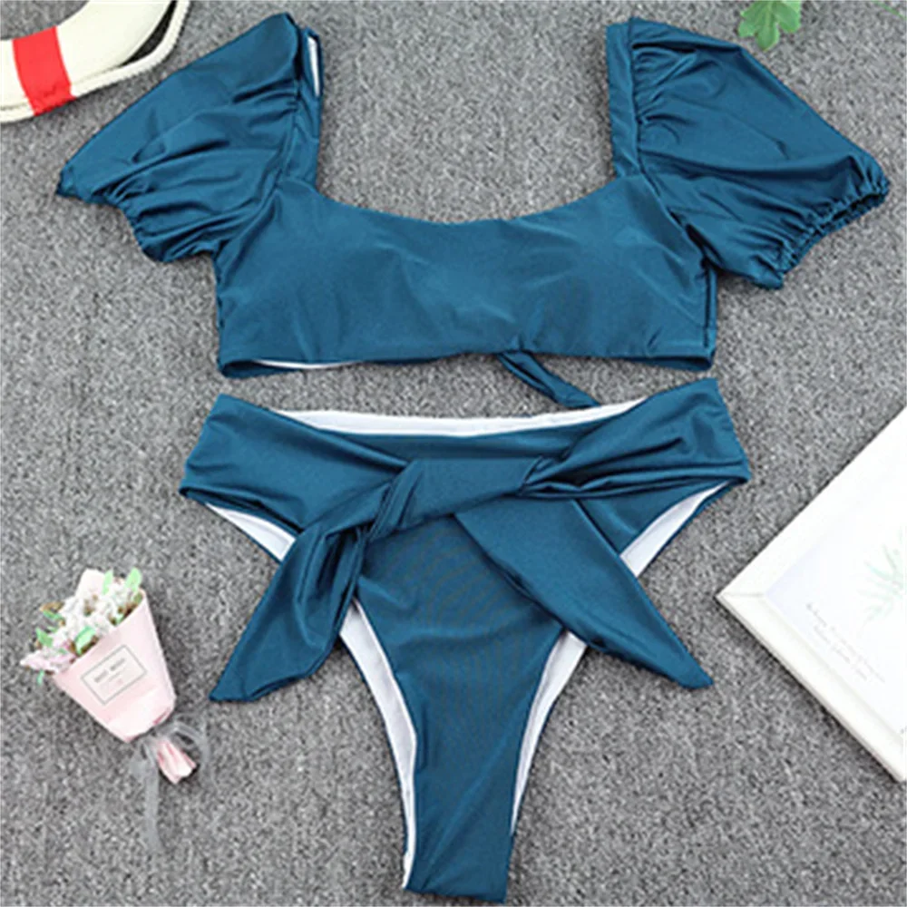 Bubble Sleeve Bikini Bowknot rücken freier Badeanzug hohe Taille Bandage Bade bekleidung drucken Tankini Tanga Frauen Strand urlaub Badeanzug