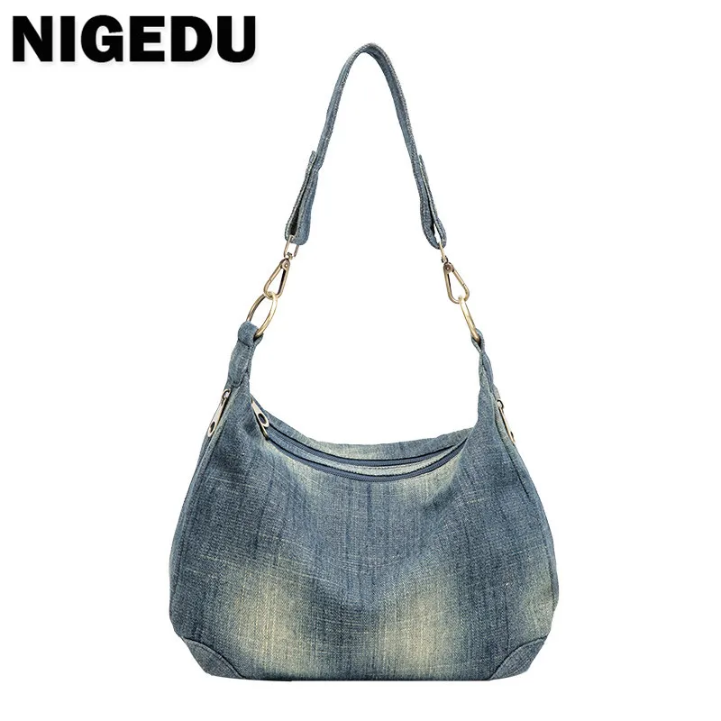 Casual Denim Women Crossbody Bag Double zipper female Shoulder Bag Quality canvas Ladies handbags Travel bags blue bolsa