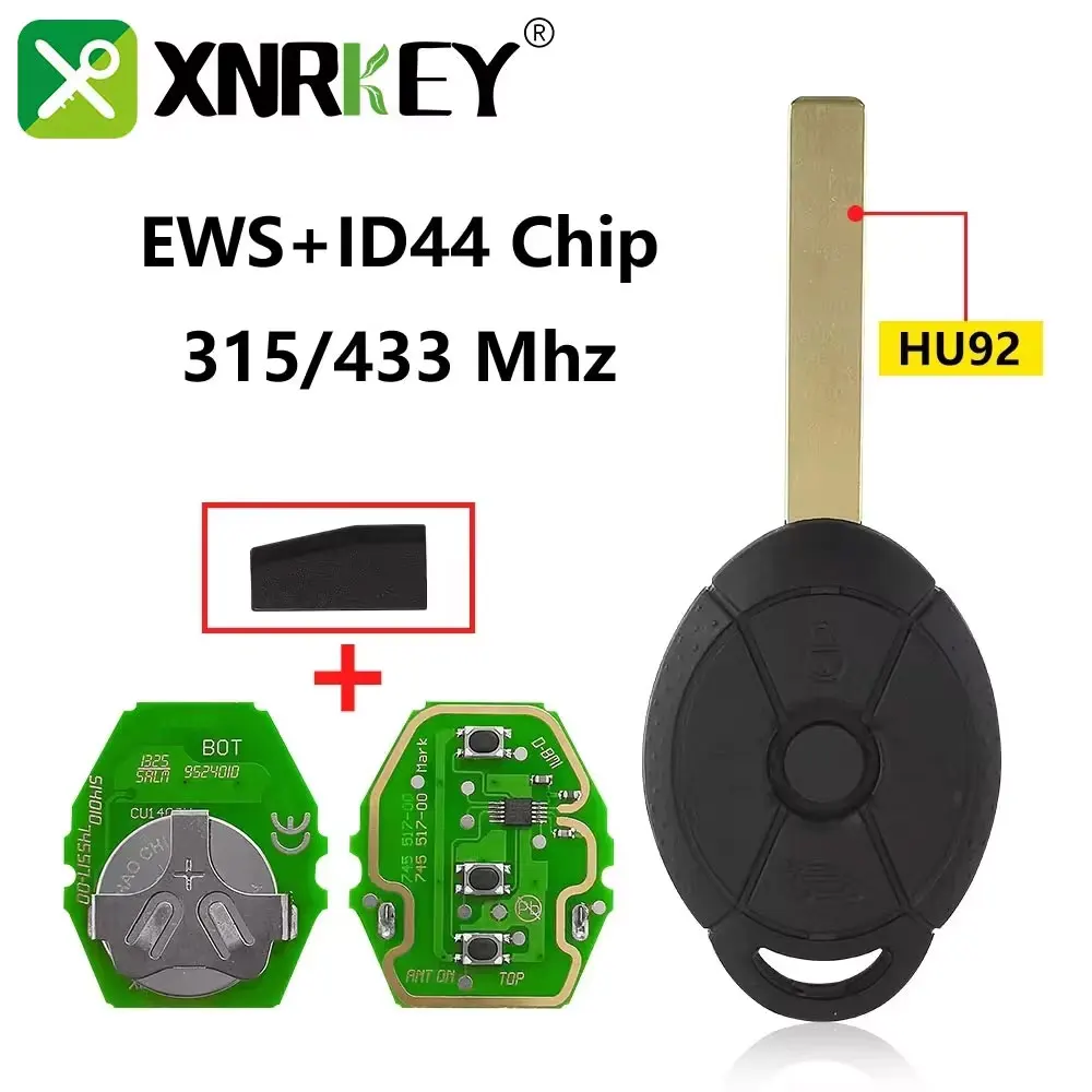 

XNRKEY For BMW 3 Button Car Remote Key ID44 Chip 315/433Mhz Uncut Blade Mini Cooper One Full Car Key