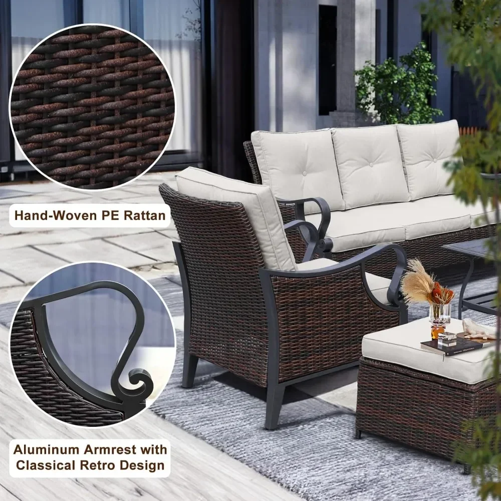 6 Pieces Patio Furniture Set with Reclining Chairs with Metal Armrest, Coffee Table, Ottoman for Porch Deck Garden