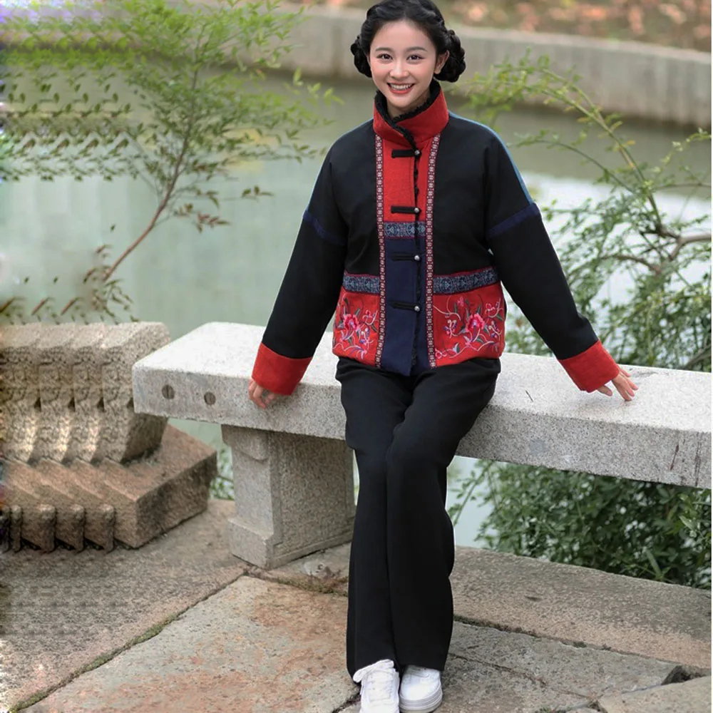 

Ethnic Wind Cotton Linen Patchwork Color Contrast Loose Cotton-Padded Jacket Women Button-Up Collar With Thin Seams Short Coat