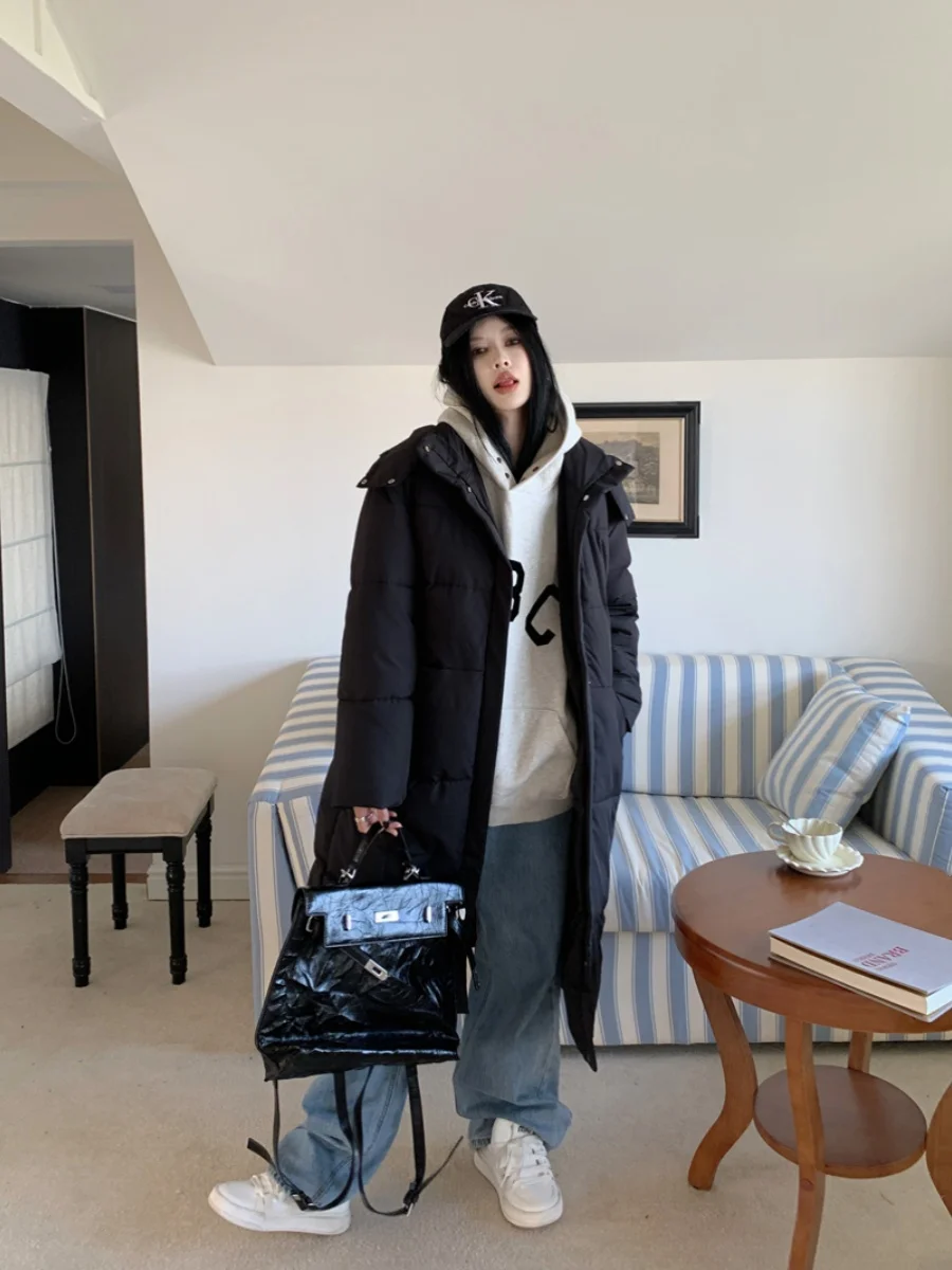 White Mid Length Knee Length Cotton Jacket For Women's Down Coat 2023 Winter New Jacket Thickened Cotton Jacket Coat