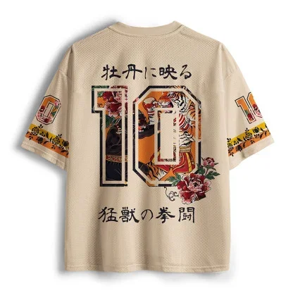 V Neck Jersey, Tiger Panther Fight Traditional Floral Print Short Sleeve Tee