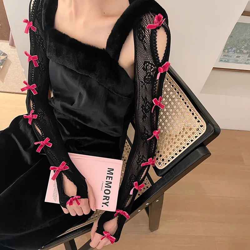 Set di maniche a scialle in un pezzo con fiocco in pizzo Guanti da sposa da ballo in rete da donna Accessori per le mani Guanti sexy in rete floreale scavati