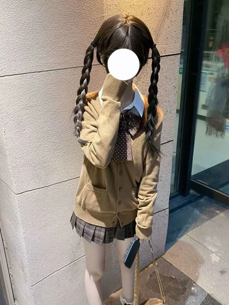 

Вязаный свитер для колледжа, мягкий кардиган для девочек, простая верхняя одежда, осенне-зимний новый комплект юбки с карамельным хлебом JK