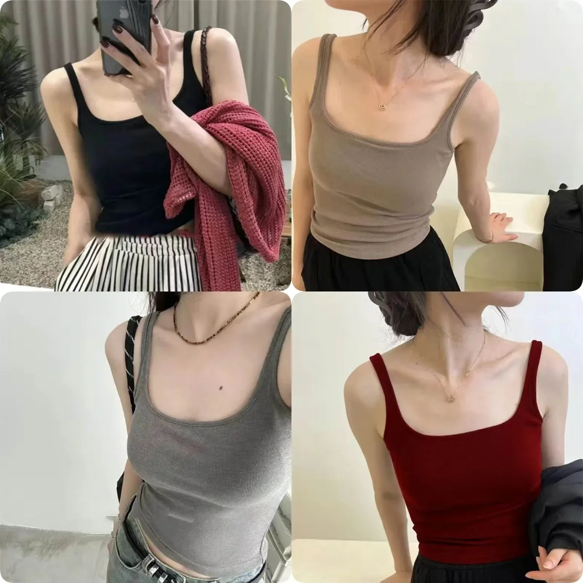 

Квадратный воротник с нагрудником, майка, эластичная, с широкими плечами, без рукавов, милый крутой жилет для девочек, женский утягивающий модный простой жилет