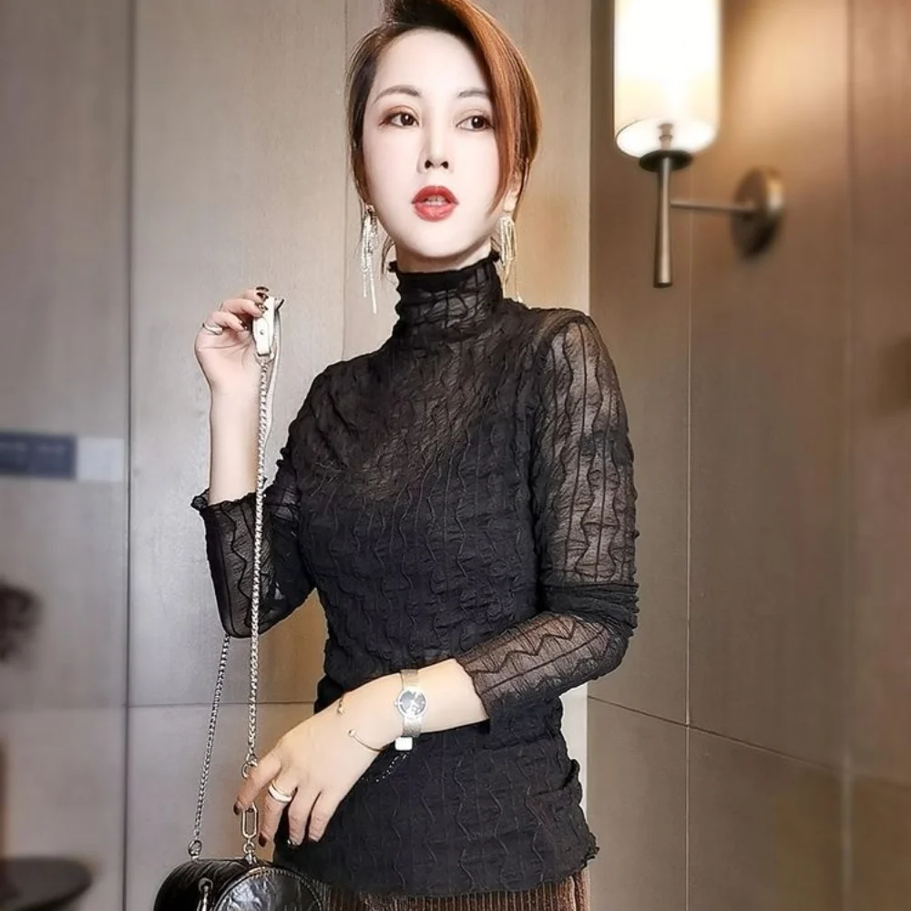 New Women Solid T Shirt See Through Transparent Mesh Tops Long Sleeve Slim Tee Lady Turtleneck Ruched Silk TShirt Lace Crop Top