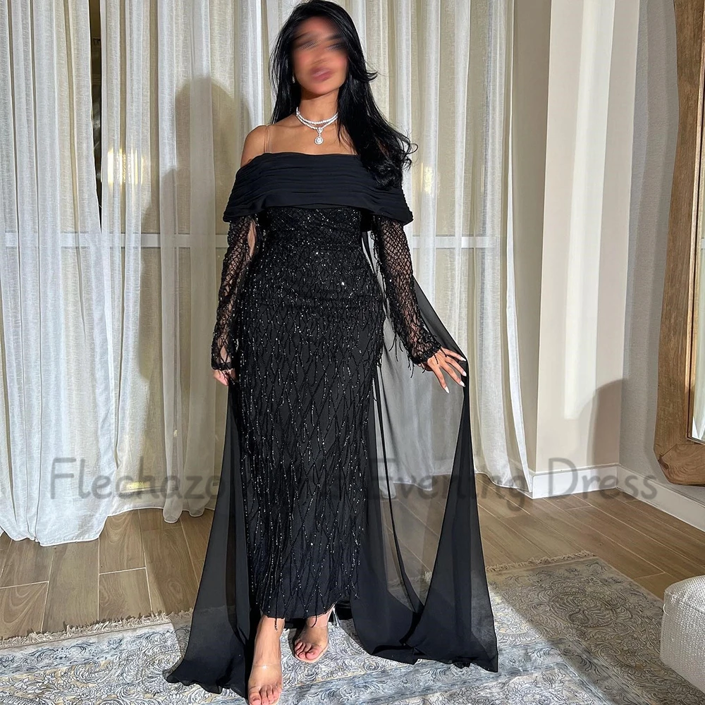 Flechazo Black Straight Evening Dress Boat Neck Off the Shoulder Long Sleeve with Beading Lace Ankle Length Pleat Custom Gown